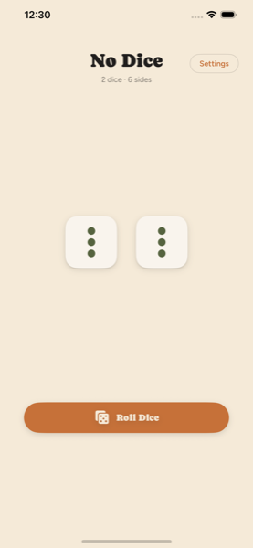 No Dice app showing two six-sided dice ready to roll