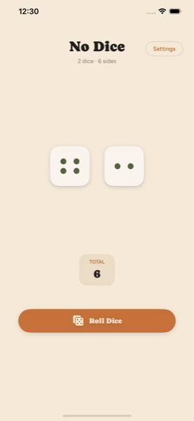No Dice app showing a roll result totalling six